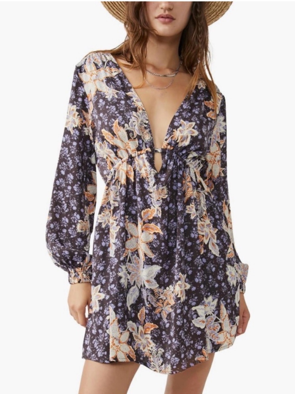 Free People Floral Plunging V-Neck Mini Dress in Navy and Peach